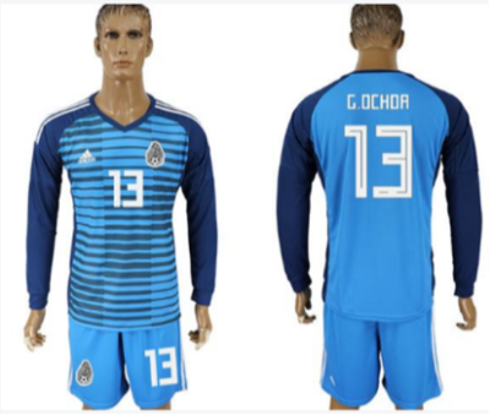 Mexico 13 G.Ochoa Blue Long Sleeve Goalkeeper 2018 FIFA World Cup Soccer Men Jersey