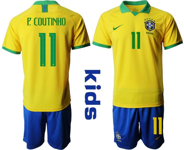 2019-20 Brazil 11 P. COUTINHO Home Soccer Youth Jersey