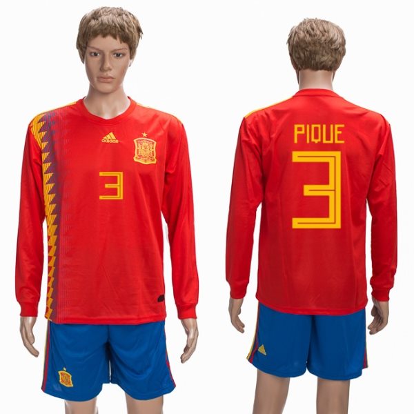 Spain 3 PIQUE Home 2018 FIFA World Cup Long Sleeve Soccer Men Jersey