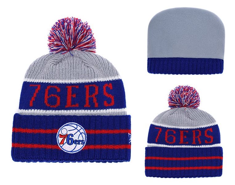 NBA 76ers Royal Banner Block Cuffed Knit Hat With Pom YD