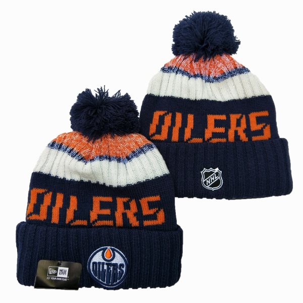 NHL Oilers Team Logo Navy Wordmark Cuffed Pom Knit Hat YD