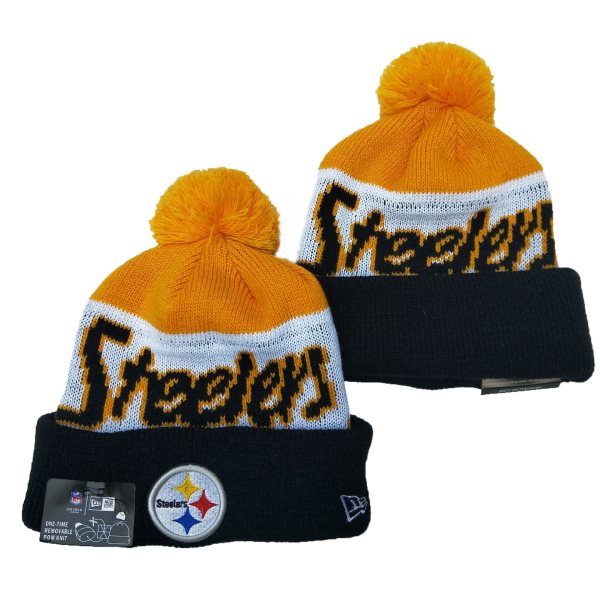 NFL Steelers Team Logo Yellow White Navy Pom Knit Hat YD
