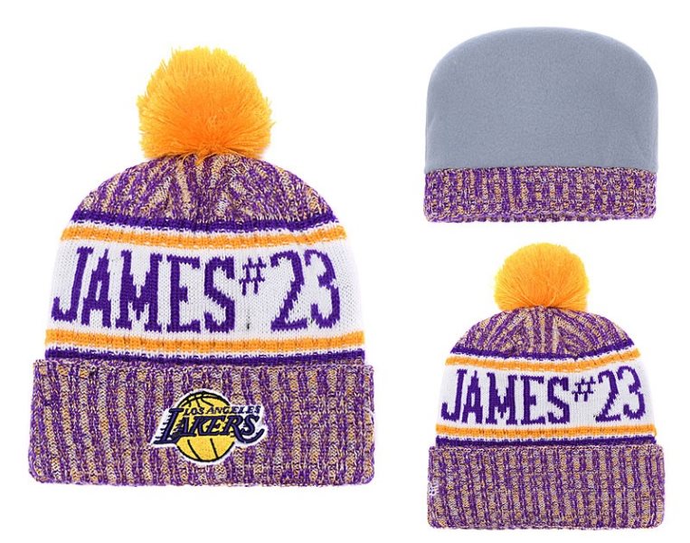 NBA Lakers Fesh Logo Yellow Purple Pom Knit Hat YD