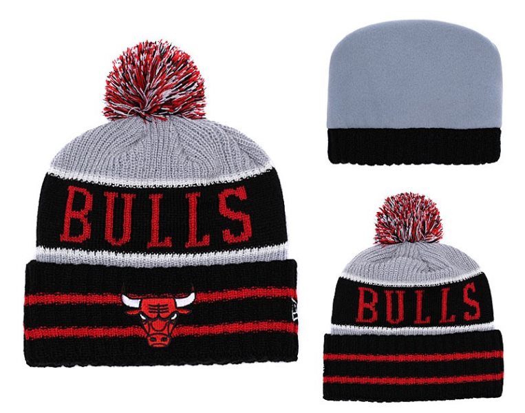 NBA Bulls Black Banner Block Cuffed Knit Hat With Pom YD