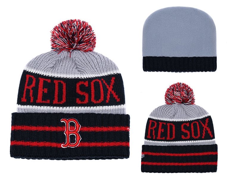 MLB Red Sox Black Banner Block Cuffed Knit Hat With Pom YD