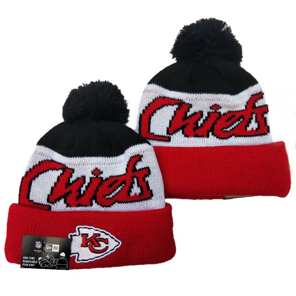 NFL Chiefs Team Logo Black White Red Pom Knit Hat YD