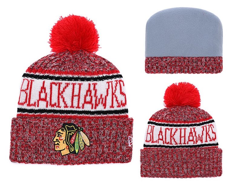 NHL Blackhawks Team Logo Red Pom Knit Hat YD