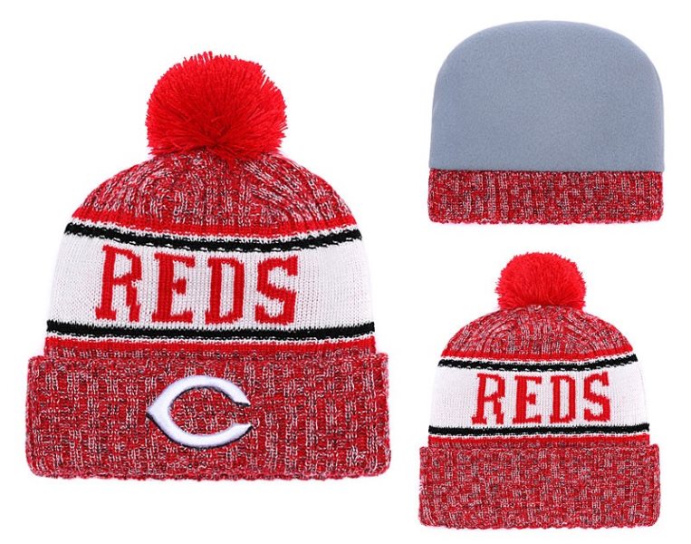 MLB Reds Team Logo Red Pom Knit Hat