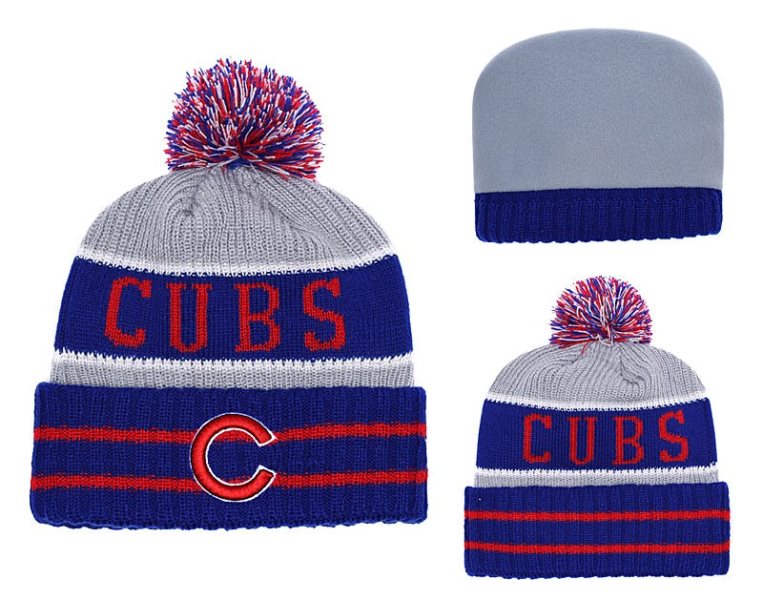 MLB Cubs Royal Banner Block Cuffed Knit Hat With Pom YD