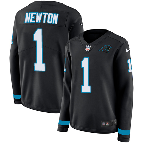 Nike Panthers #1 Cam Newton Black Team Color Women's Stitched NFL Limited Therma Long Sleeve Jersey