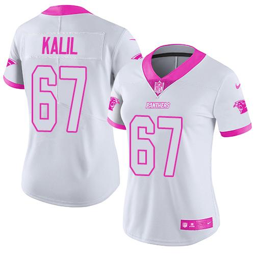 Nike Panthers #67 Ryan Kalil White/Pink Women's Stitched NFL Limited Rush Fashion Jersey