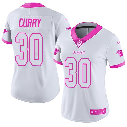 Nike Panthers #30 Stephen Curry White/Pink Women's Stitched NFL Limited Rush Fashion Jersey