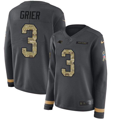 Nike Panthers #3 Will Grier Anthracite Salute to Service Women's Stitched NFL Limited Therma Long Sleeve Jersey