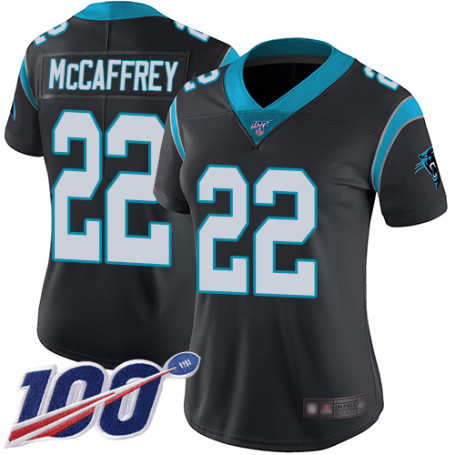 Nike Panthers #22 Christian McCaffrey Black Team Color Women's Stitched NFL 100th Season Vapor Limited Jersey