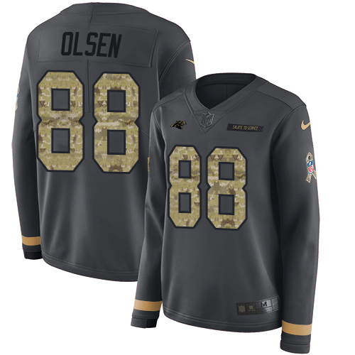 Nike Panthers #88 Greg Olsen Anthracite Salute to Service Women's Stitched NFL Limited Therma Long Sleeve Jersey