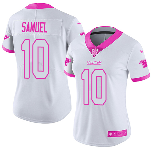 Nike Panthers #10 Curtis Samuel White/Pink Women's Stitched NFL Limited Rush Fashion Jersey
