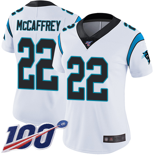 Nike Panthers #22 Christian McCaffrey White Women's Stitched NFL 100th Season Vapor Limited Jersey