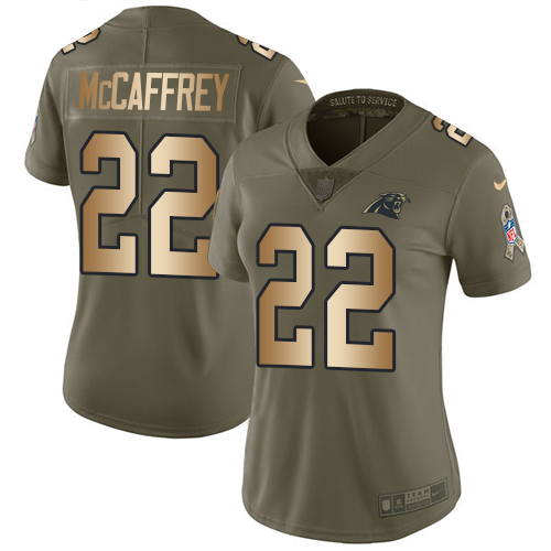 Nike Panthers #22 Christian McCaffrey Olive/Gold Women's Stitched NFL Limited 2017 Salute to Service Jersey