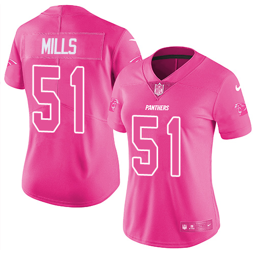 Nike Panthers #51 Sam Mills Pink Women's Stitched NFL Limited Rush Fashion Jersey
