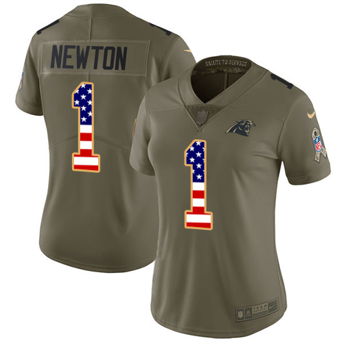 Nike Panthers #1 Cam Newton Olive/USA Flag Women's Stitched NFL Limited 2017 Salute to Service Jersey