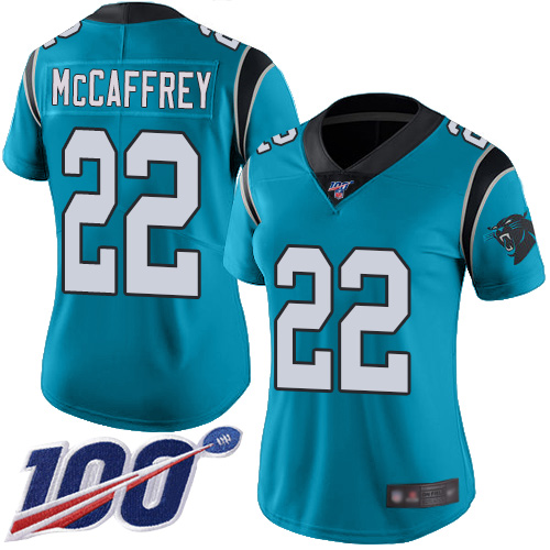 Nike Panthers #22 Christian McCaffrey Blue Women's Stitched NFL Limited Rush 100th Season Jersey