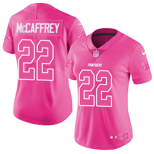 Nike Panthers #22 Christian McCaffrey Pink Women's Stitched NFL Limited Rush Fashion Jersey