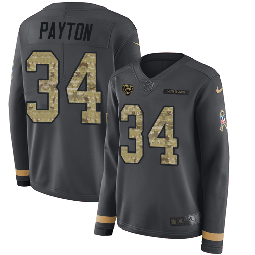 Nike Bears #34 Walter Payton Anthracite Salute to Service Women's Stitched NFL Limited Therma Long Sleeve Jersey