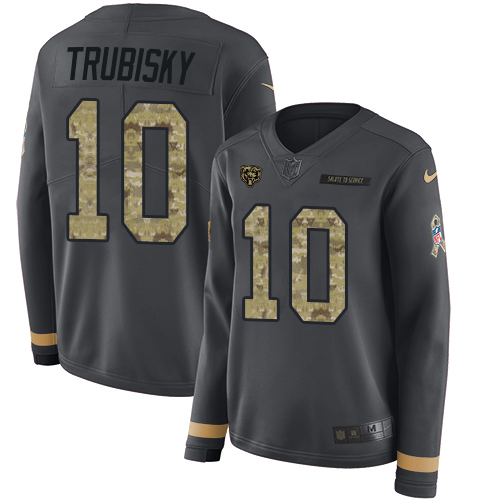 Nike Bears #10 Mitchell Trubisky Anthracite Salute to Service Women's Stitched NFL Limited Therma Long Sleeve Jersey
