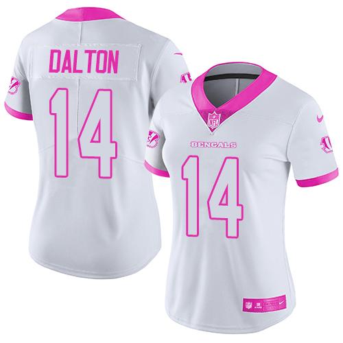 Nike Bengals #14 Andy Dalton White/Pink Women's Stitched NFL Limited Rush Fashion Jersey