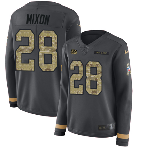 Nike Bengals #28 Joe Mixon Anthracite Salute to Service Women's Stitched NFL Limited Therma Long Sleeve Jersey