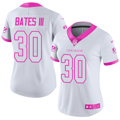 Nike Bengals #30 Jessie Bates III White/Pink Women's Stitched NFL Limited Rush Fashion Jersey