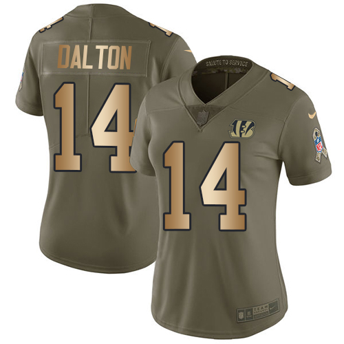 Nike Bengals #14 Andy Dalton Olive/Gold Women's Stitched NFL Limited 2017 Salute to Service Jersey