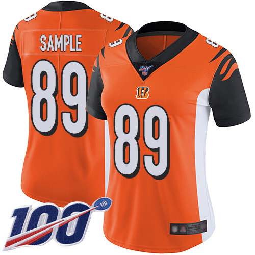 Nike Bengals #89 Drew Sample Orange Alternate Women's Stitched NFL 100th Season Vapor Limited Jersey