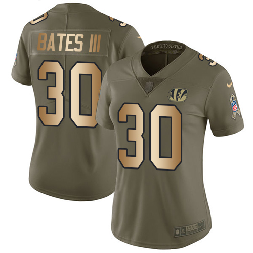 Nike Bengals #30 Jessie Bates III Olive/Gold Women's Stitched NFL Limited 2017 Salute to Service Jersey