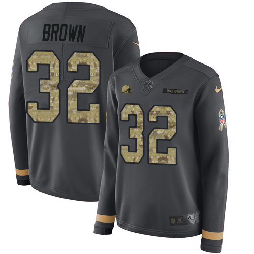 Nike Browns #32 Jim Brown Anthracite Salute to Service Women's Stitched NFL Limited Therma Long Sleeve Jersey