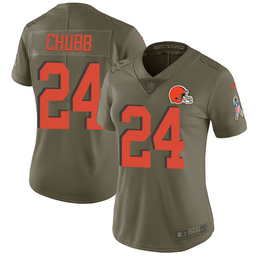 Nike Browns #24 Nick Chubb Olive Women's Stitched NFL Limited 2017 Salute to Service Jersey
