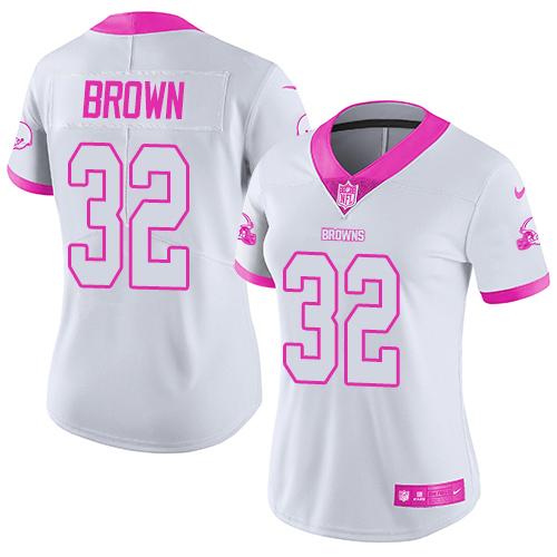 Nike Browns #32 Jim Brown White/Pink Women's Stitched NFL Limited Rush Fashion Jersey