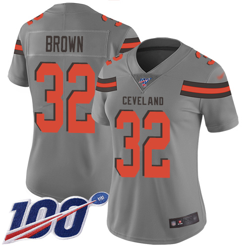 Nike Browns #32 Jim Brown Gray Women's Stitched NFL Limited Inverted Legend 100th Season Jersey