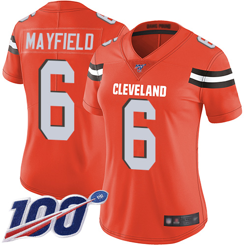 Nike Browns #6 Baker Mayfield Orange Alternate Women's Stitched NFL 100th Season Vapor Limited Jersey