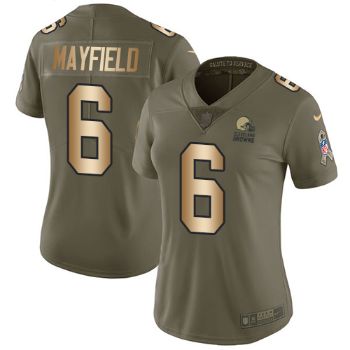 Nike Browns #6 Baker Mayfield Olive/Gold Women's Stitched NFL Limited 2017 Salute to Service Jersey