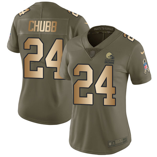 Nike Browns #24 Nick Chubb Olive/Gold Women's Stitched NFL Limited 2017 Salute to Service Jersey