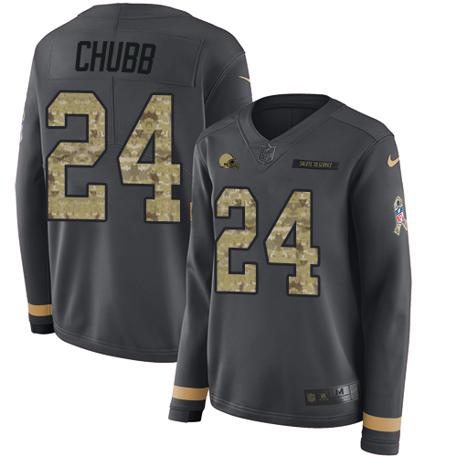 Nike Browns #24 Nick Chubb Anthracite Salute to Service Women's Stitched NFL Limited Therma Long Sleeve Jersey