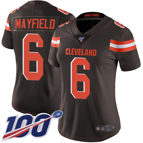 Nike Browns #6 Baker Mayfield Brown Team Color Women's Stitched NFL 100th Season Vapor Limited Jersey
