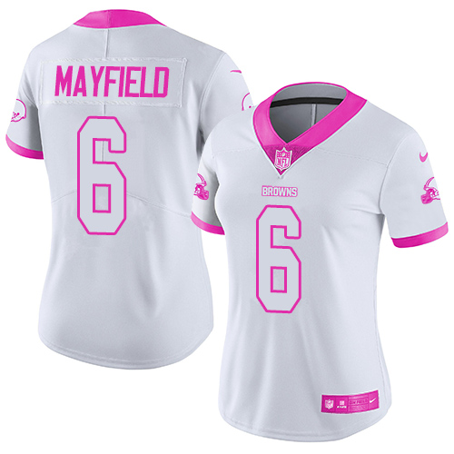 Nike Browns #6 Baker Mayfield White/Pink Women's Stitched NFL Limited Rush Fashion Jersey