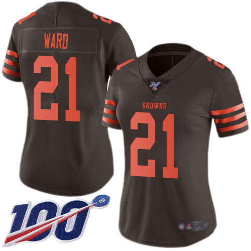 Nike Browns #21 Denzel Ward Brown Women's Stitched NFL Limited Rush 100th Season Jersey