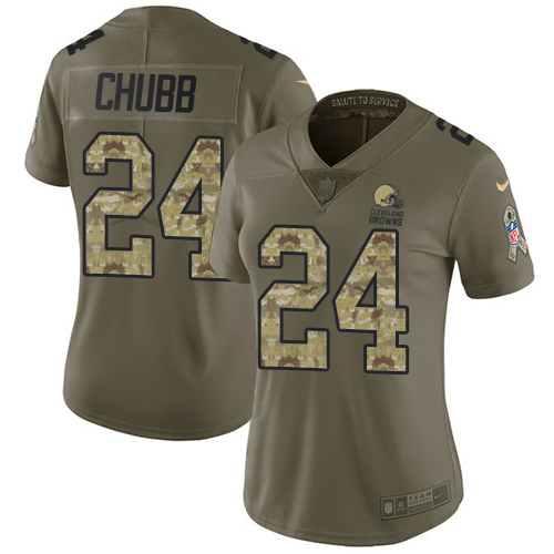 Nike Browns #24 Nick Chubb Olive/Camo Women's Stitched NFL Limited 2017 Salute to Service Jersey