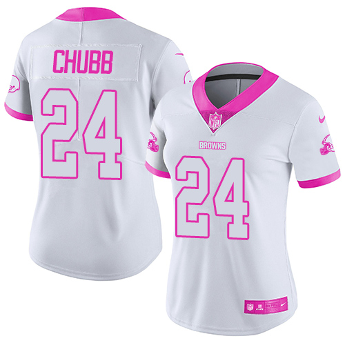 Nike Browns #24 Nick Chubb White/Pink Women's Stitched NFL Limited Rush Fashion Jersey