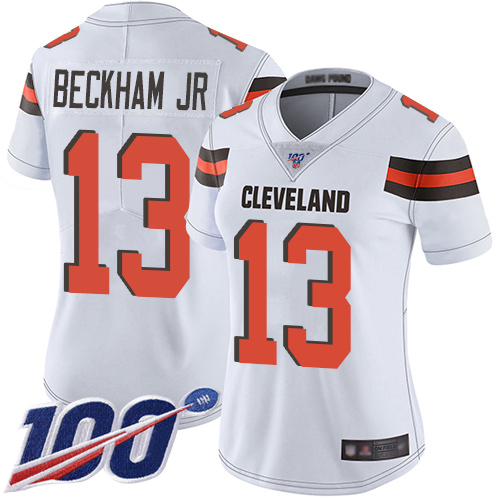 Nike Browns #13 Odell Beckham Jr White Women's Stitched NFL 100th Season Vapor Limited Jersey