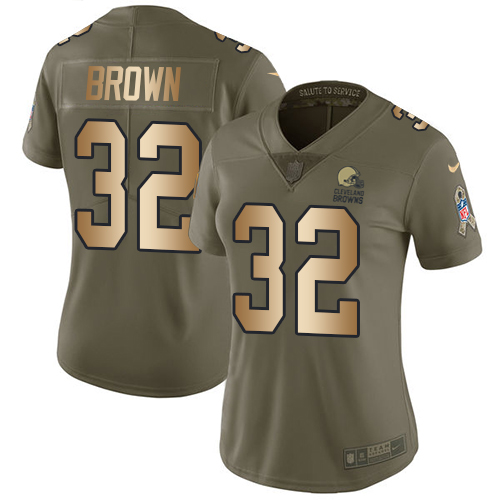 Nike Browns #32 Jim Brown Olive/Gold Women's Stitched NFL Limited 2017 Salute to Service Jersey