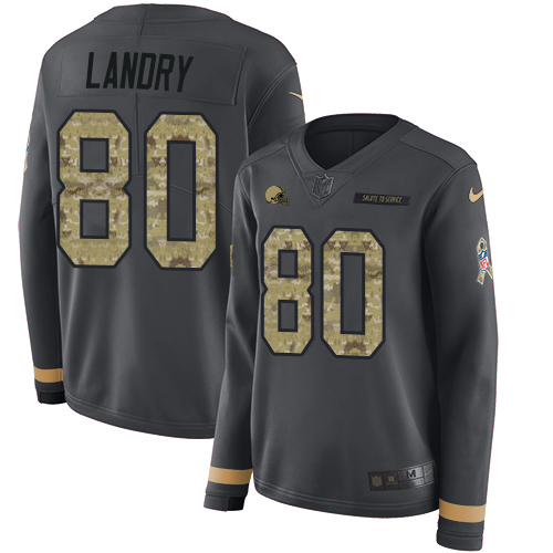 Nike Browns #80 Jarvis Landry Anthracite Salute to Service Women's Stitched NFL Limited Therma Long Sleeve Jersey